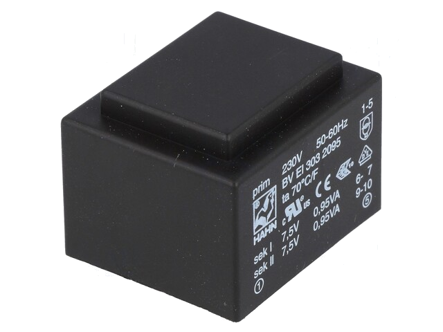 Transformator: ingegoten; 1,9VA; 230VAC; 7,5V; 7,5V; 126mA; 126mA Transformator: ingegoten; 1,9VA; 230VAC; 7,5V; 7,5V; 126mA; 126mA